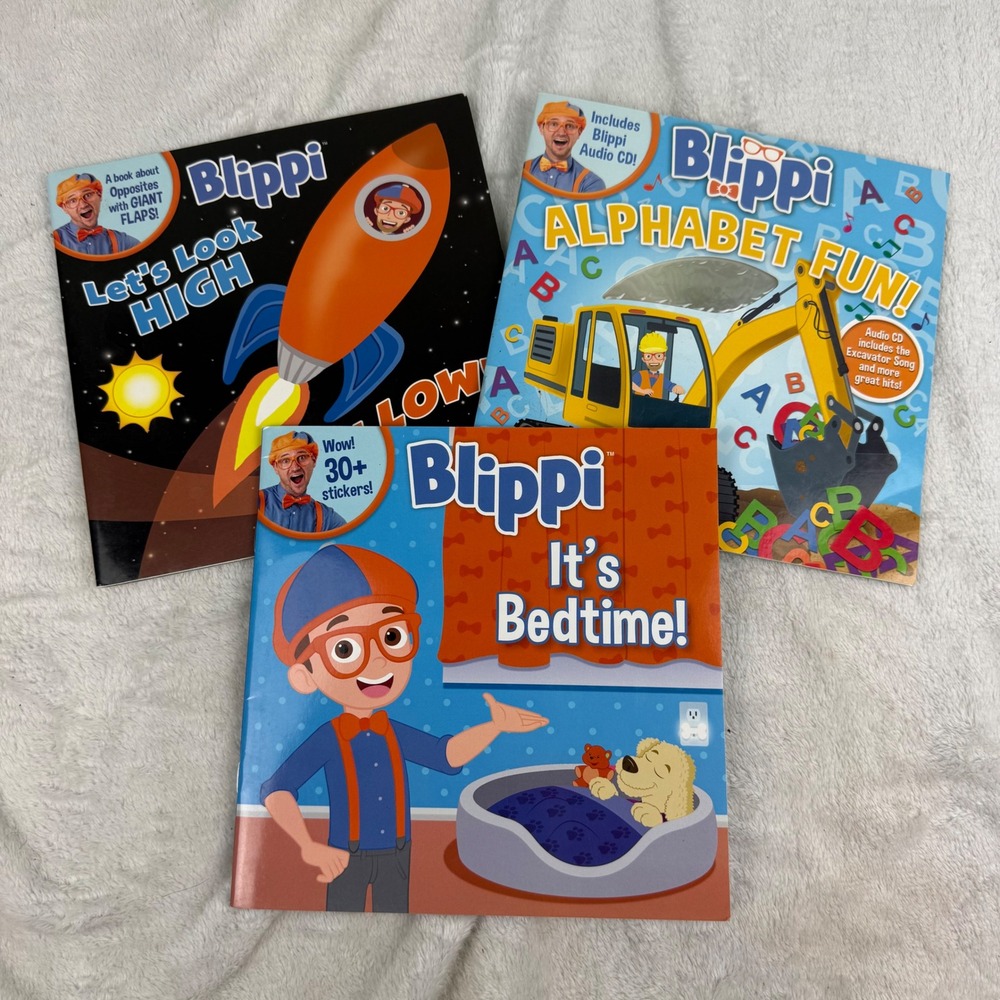 Blippi 3 Book Set Alphabet Fun CD Bedtime Stickers Lets Look High and Low Flaps